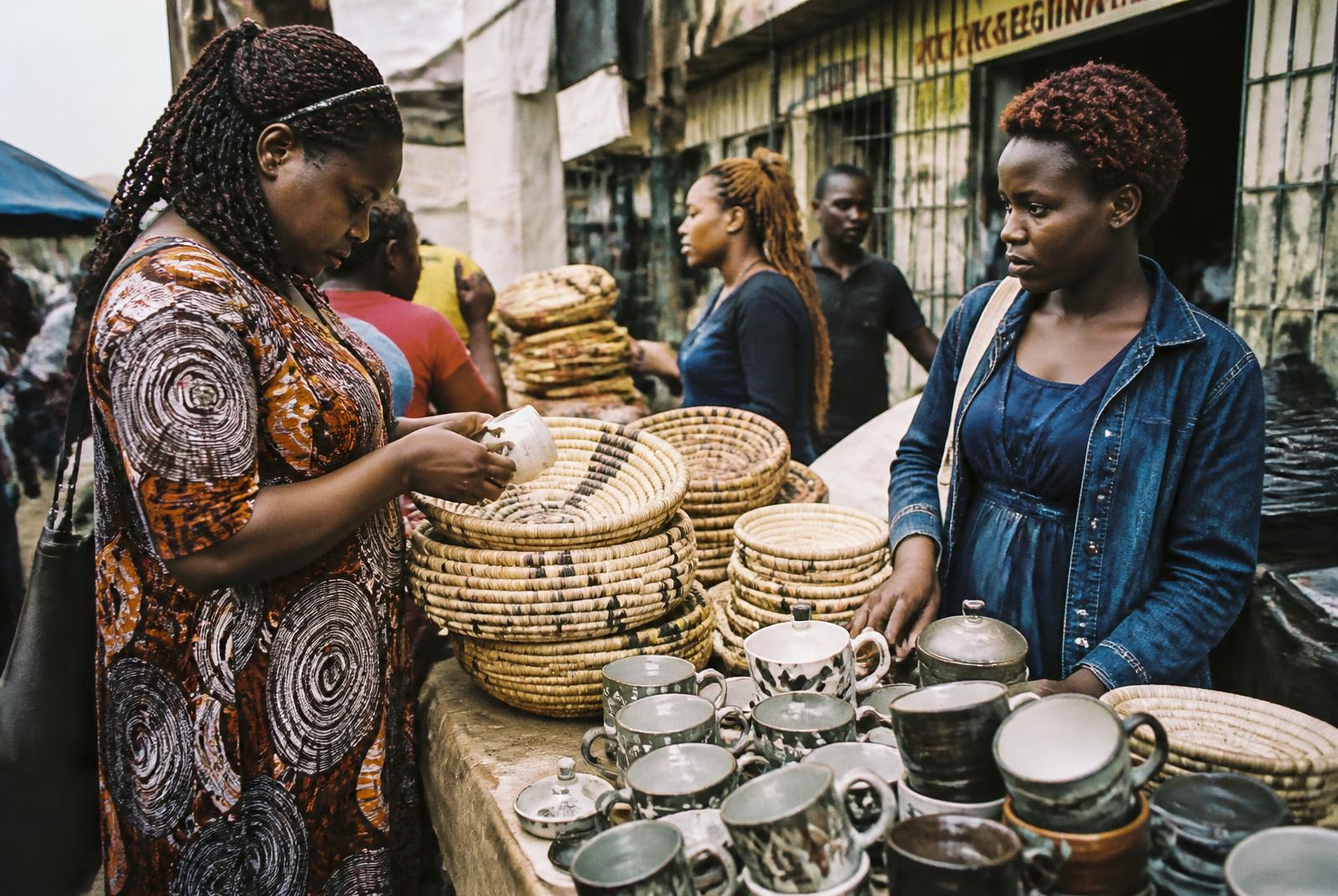 Makers and vendors at a Nairobi market stall of baskets and ceramics