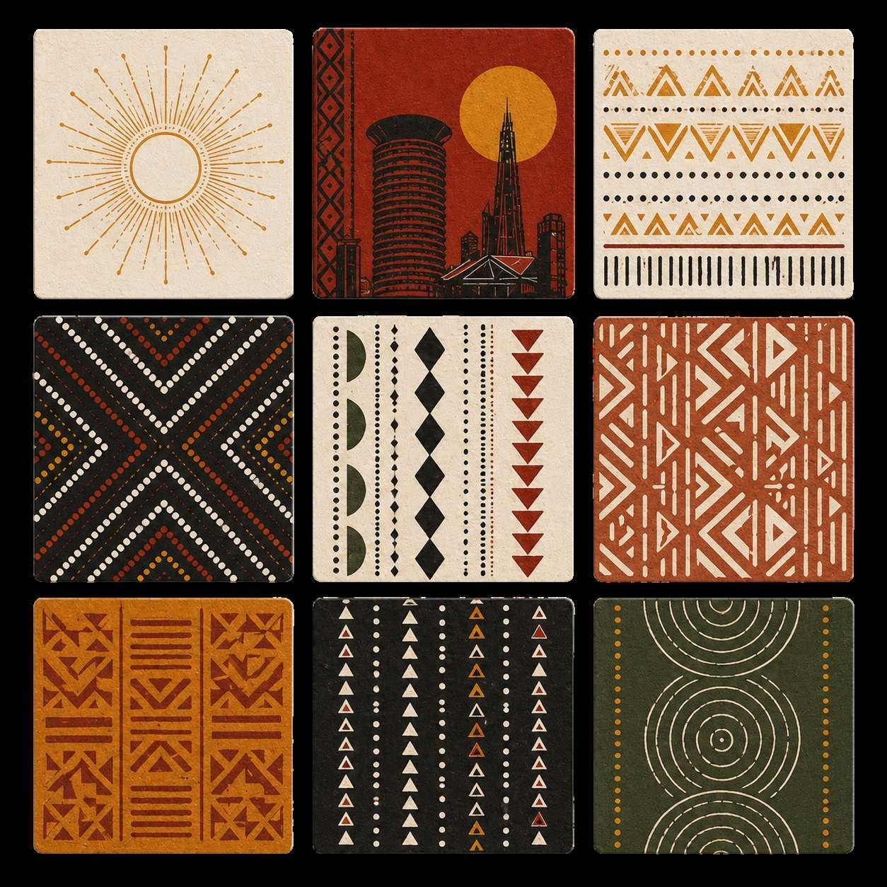 Pattern plates drawn from African building and craft motifs