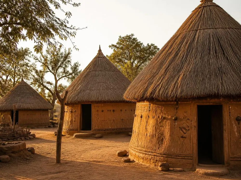Thatched homesteads with earthen walls at golden hour
