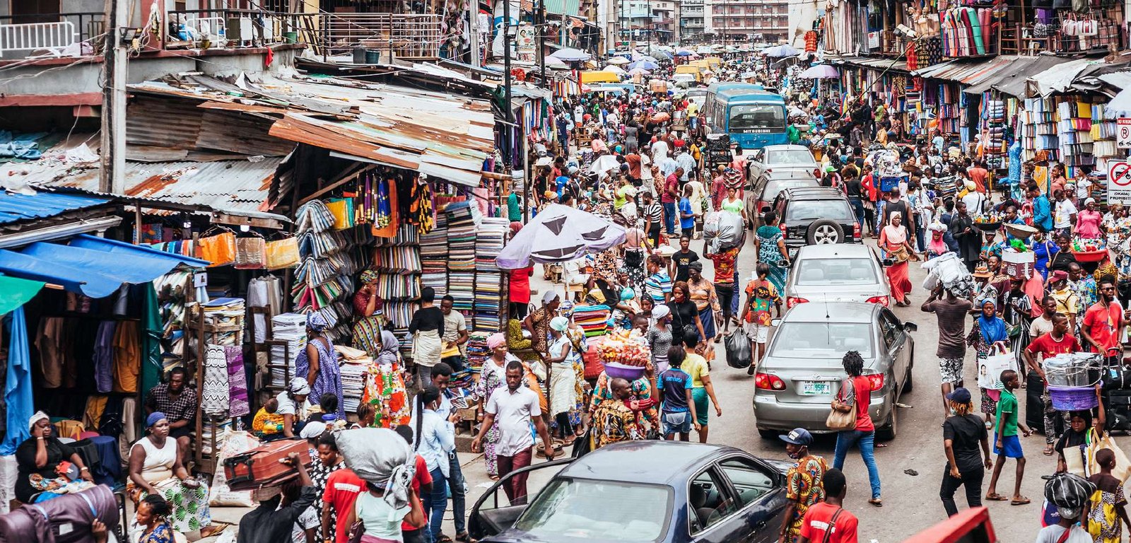 Aerial view of a dense Nairobi market street
